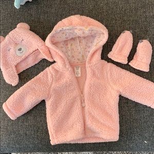 Super soft baby hoodie with hat and mittens.